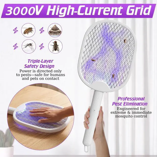 Alt view image 4 of 7 - 4 Pcs Foldable Electric Fly Swatter 2 in 1 Mosquito Swatter 1200mah Battery Rechargeable Bug Zapper Racket USB Handheld with 3 Layer Safety Mesh for Camping Backyard Patio Travel Home Office