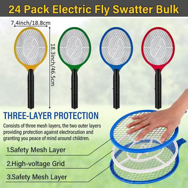 Alt view image 2 of 7 - 24 Pack Electric Fly Swatter Bulk Bug Zapper Rackets for Indoor Outdoor Insect Control Killer Bat Handheld Mosquito Swatter Battery Powered Electric Bug Killer for Home Patio Camping (4 Colors)