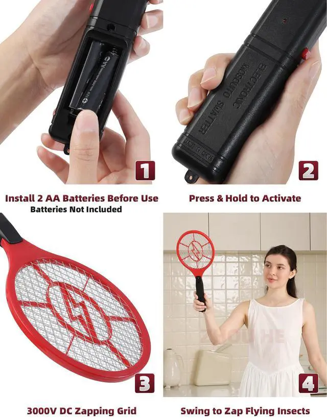 Alt view image 6 of 7 - Electric Fly Swatter 2 Pack (Red & Blue), Battery Powered Bug Zapper Racket for Mosquitoes & Flies, Safe Protective Mesh, Indoor & Outdoor Use, Batteries Not Included