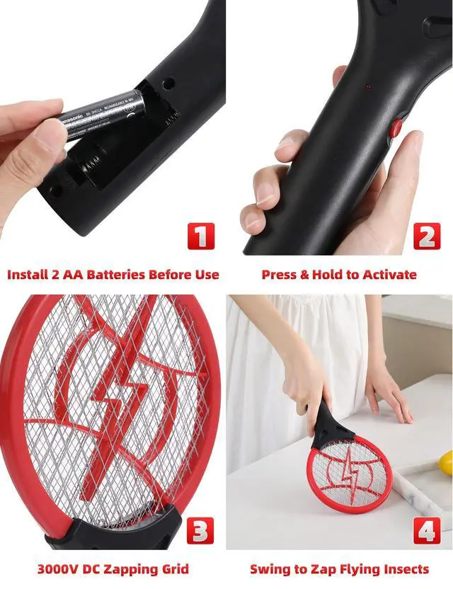 Alt view image 4 of 6 - 2 Pack Mini Electric Fly Swatter, Battery Powered Bug Zapper Racket, 3000VDC Portable Fly Zapper for Kitchen Bedroom Camping, Batteries Not Included