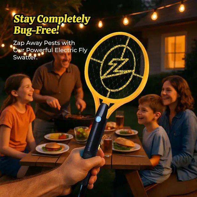 Alt view image 2 of 7 - Rechargeable Electric Fly Swatter Racket - 4,000-Volt Mosquito Zapper with USB Charging Cable and Super-Bright LED Light -Large- Safe 3-Layer Mesh, Yellow, Bug Zapper for Indoors and Outdoors