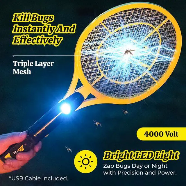 Alt view image 5 of 7 - Rechargeable Electric Fly Swatter Racket - 4,000-Volt Mosquito Zapper with USB Charging Cable and Super-Bright LED Light -Large- Safe 3-Layer Mesh, Yellow, Bug Zapper for Indoors and Outdoors
