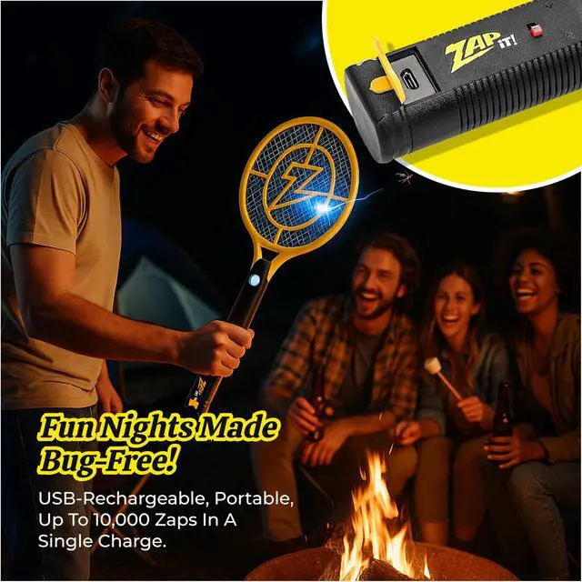 Alt view image 7 of 7 - Rechargeable Electric Fly Swatter Racket - 4,000-Volt Mosquito Zapper with USB Charging Cable and Super-Bright LED Light -Large- Safe 3-Layer Mesh, Yellow, Bug Zapper for Indoors and Outdoors