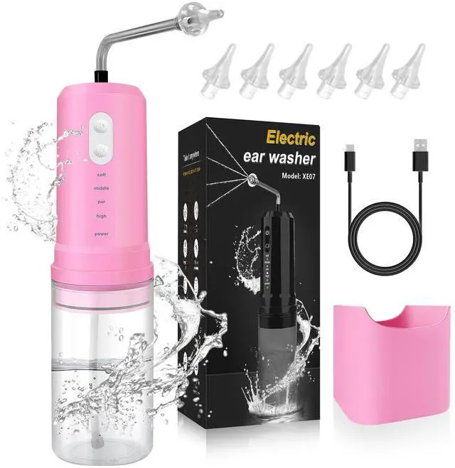 Main image of Ear Wax Removal, Electric Ear Irrigation Flushing System, Water Powered Ear Cleaner with 4 Pressure Modes, 6 Reusable Replacement Tips, Safe and Effective Ear Cleaning Tool for Adults (Pink)