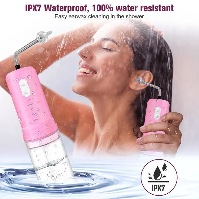 Alt view image 2 of 7 - Ear Wax Removal, Electric Ear Irrigation Flushing System, Water Powered Ear Cleaner with 4 Pressure Modes, 6 Reusable Replacement Tips, Safe and Effective Ear Cleaning Tool for Adults (Pink)
