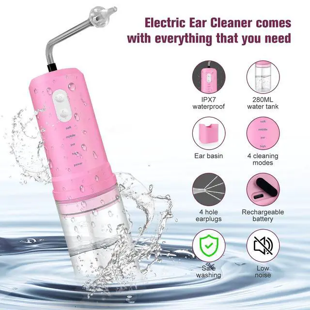 Alt view image 3 of 7 - Ear Wax Removal, Electric Ear Irrigation Flushing System, Water Powered Ear Cleaner with 4 Pressure Modes, 6 Reusable Replacement Tips, Safe and Effective Ear Cleaning Tool for Adults (Pink)
