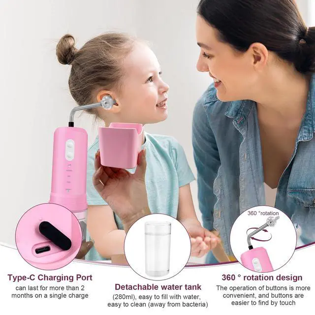 Alt view image 7 of 7 - Ear Wax Removal, Electric Ear Irrigation Flushing System, Water Powered Ear Cleaner with 4 Pressure Modes, 6 Reusable Replacement Tips, Safe and Effective Ear Cleaning Tool for Adults (Pink)