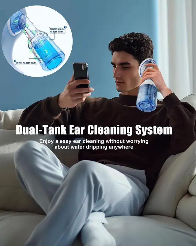 Alt view image 2 of 7 - Electric Ear Wax Removal with One-Piece Waste Tank, Water Powered Ear Cleaner with 4 Pressure Modes for 199ml Earwax Remove at Home, USB-C Cable, IPX7 (199ml)