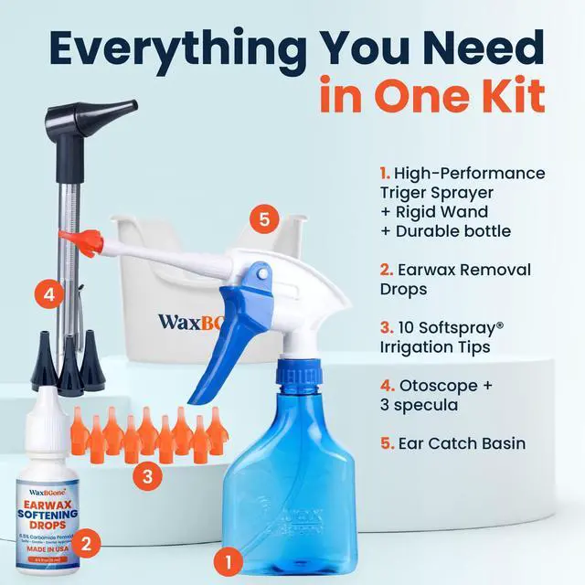 Alt view image 2 of 7 - Ear Wax Removal Kit with SoftSpray Irrigation Tips, 4X High Output Sprayer & Ear Basin - Safe, Fast, Gentle Ear Cleaning Kit for Adults & Kids at Home - Premium Kit with Otoscope + Ear Drops
