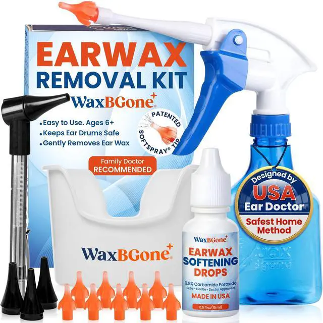 Main image of Ear Wax Removal Kit with SoftSpray Irrigation Tips, 4X High Output Sprayer & Ear Basin - Safe, Fast, Gentle Ear Cleaning Kit for Adults & Kids at Home - Premium Kit with Otoscope + Ear Drops