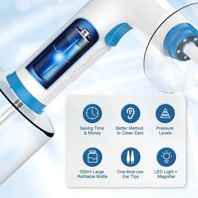 Alt view image 7 of 7 - Electric Ear Wax Removal Kit, Rechargeable Earwax Remove Removal Ear Irrigation System, and Effective Clean Ear, Features Disposable Tips & Ear Catch Basin (9+1 Disposable Tips) (Blue)