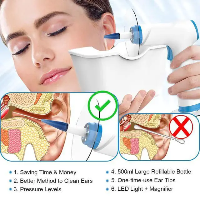 Alt view image 4 of 7 - Electric Ear Wax Removal Kit, Rechargeable Earwax Remove Removal Ear Irrigation System, and Effective Clean Ear, Features Disposable Tips & Ear Catch Basin (9+1 Disposable Tips) (Blue)