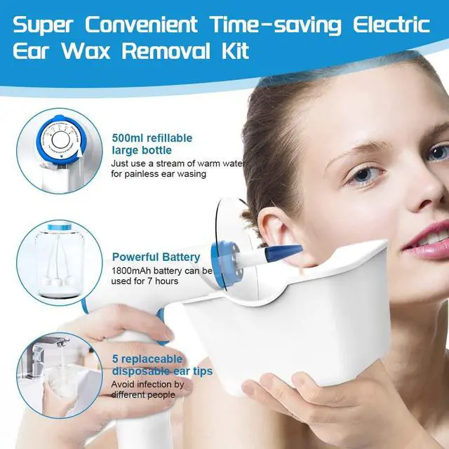Alt view image 5 of 7 - Electric Ear Wax Removal Kit, Rechargeable Earwax Remove Removal Ear Irrigation System, and Effective Clean Ear, Features Disposable Tips & Ear Catch Basin (9+1 Disposable Tips) (Blue)