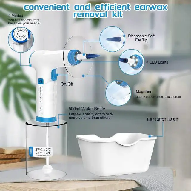 Alt view image 3 of 7 - Electric Ear Wax Removal Kit, Rechargeable Earwax Remove Removal Ear Irrigation System, and Effective Clean Ear, Features Disposable Tips & Ear Catch Basin (9+1 Disposable Tips) (Blue)