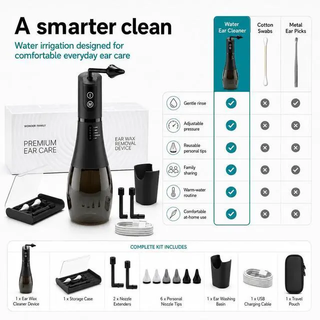 Alt view image 3 of 7 - Electric Ear Cleaner and Earwax Removal Kit - 5 Pressure Modes, Timer - Safe Cleaning & Flushing Tool - Clogged Ear Wax Removal Kit for Adults with 6 Nozzles, Washing Basin, Cable, Storage Bag - IPX7