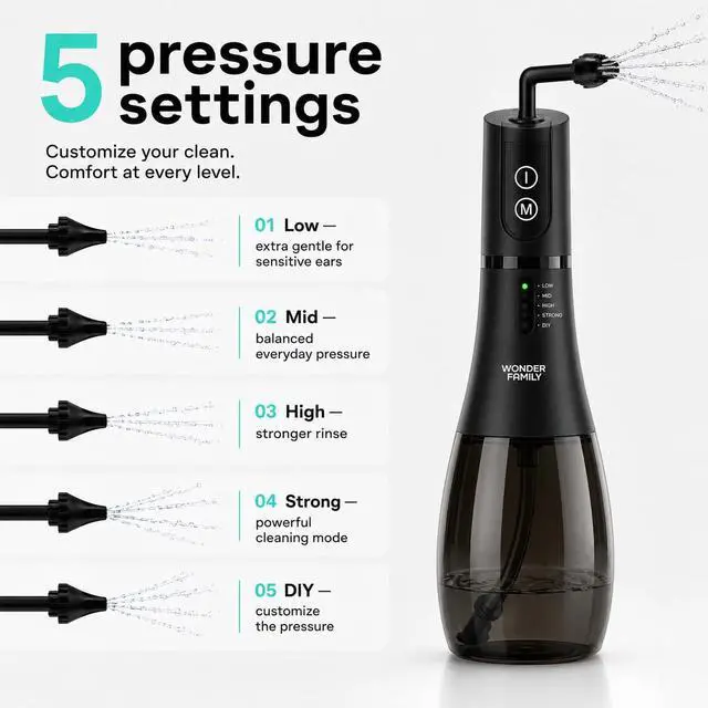 Alt view image 4 of 7 - Electric Ear Cleaner and Earwax Removal Kit - 5 Pressure Modes, Timer - Safe Cleaning & Flushing Tool - Clogged Ear Wax Removal Kit for Adults with 6 Nozzles, Washing Basin, Cable, Storage Bag - IPX7