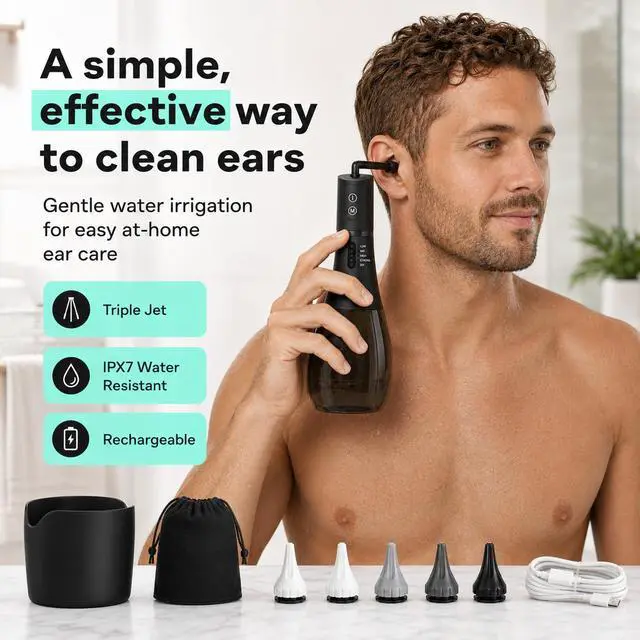 Alt view image 6 of 7 - Electric Ear Cleaner and Earwax Removal Kit - 5 Pressure Modes, Timer - Safe Cleaning & Flushing Tool - Clogged Ear Wax Removal Kit for Adults with 6 Nozzles, Washing Basin, Cable, Storage Bag - IPX7