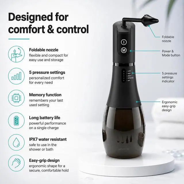 Alt view image 7 of 7 - Electric Ear Cleaner and Earwax Removal Kit - 5 Pressure Modes, Timer - Safe Cleaning & Flushing Tool - Clogged Ear Wax Removal Kit for Adults with 6 Nozzles, Washing Basin, Cable, Storage Bag - IPX7