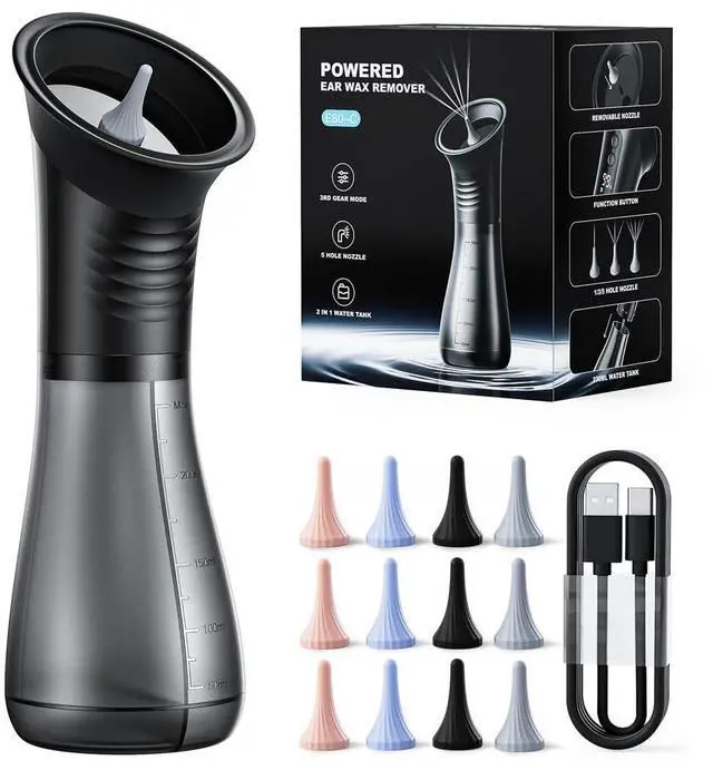 Main image of Ear Wax Removal with LED Display, Electric Ear Cleaner, Rechargeable Earwax Remove Removal Ear Irrigation System, 3 Pressure Modes Ear Cleaning Earwax Removal (12 Disposable Tips)-Black