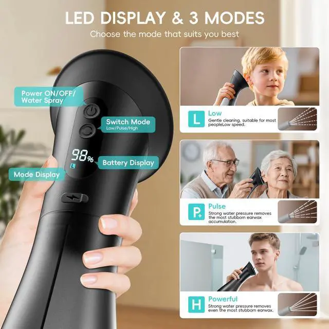Alt view image 4 of 7 - Ear Wax Removal with LED Display, Electric Ear Cleaner, Rechargeable Earwax Remove Removal Ear Irrigation System, 3 Pressure Modes Ear Cleaning Earwax Removal (12 Disposable Tips)-Black