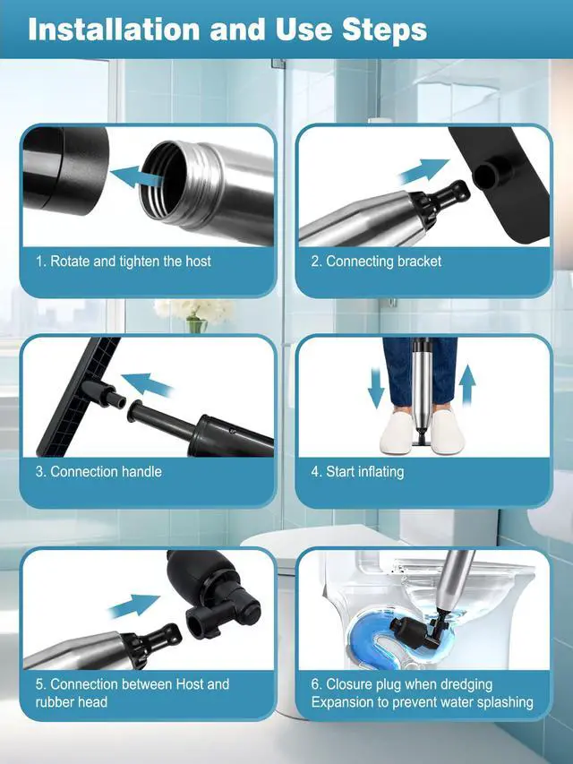 Alt view image 5 of 7 - Toilet Plunger Drain Clog Remover Tool, High-Pressure Drain Snake Sink Plunger with Real-Time Barometer, Air Toilet Unclogger for Bathroom, Kitchen, Sinks and Clogged Pipe