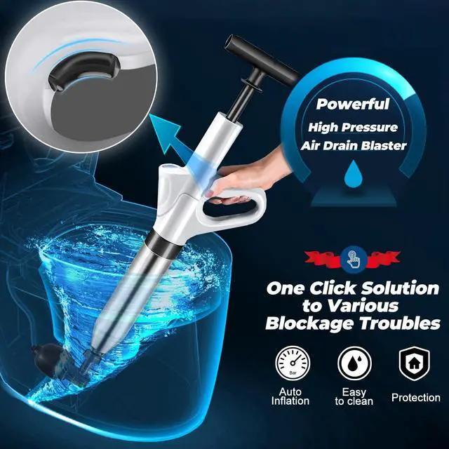 Alt view image 2 of 7 - Unclog Toilet Plunger, High-Pressure Air Pump, Real-Time Barometer, White