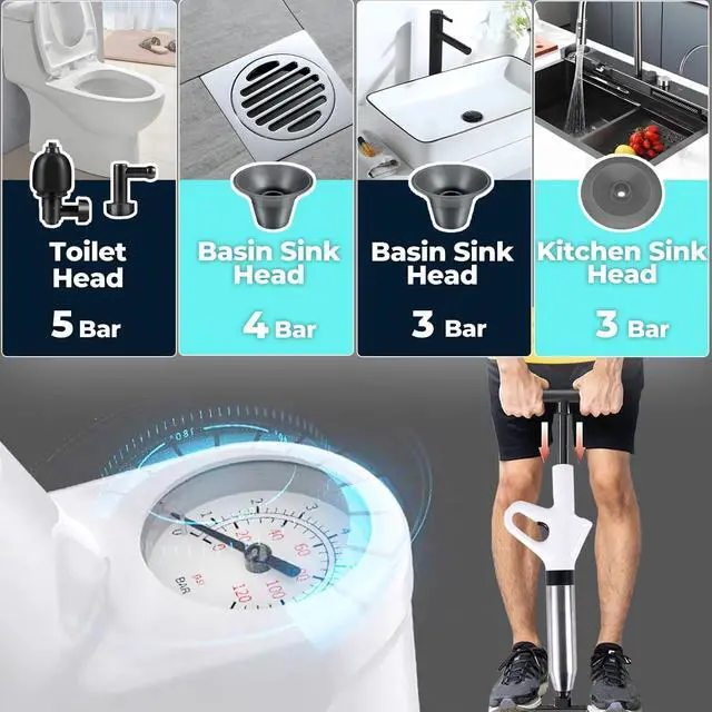Alt view image 4 of 7 - Unclog Toilet Plunger, High-Pressure Air Pump, Real-Time Barometer, White