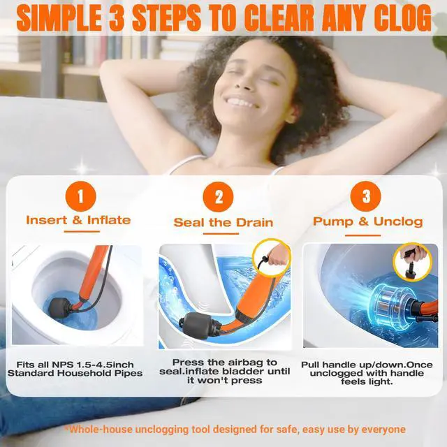 Alt view image 4 of 7 - Toilet Unclogger Drain Auger Plunger for Kitchen,Sink,Bathroom,Shower,Floors Drain,No Extra Accessories, Lightweight & Easy to Use for Women & Elderly, Clog Remover Tool Fits NPS 1.5-4.5" Pipes