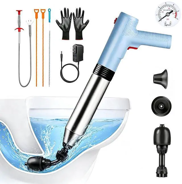 Main image of Electric Toilet Plunger, Blue One-Touch High Pressure Air Drain Blaster with Real-Time Barometer & Multi-Accessory Kit, Heavy Duty Automatic Drain Unclogger for Toilets, Sinks, Tubs, Pipes