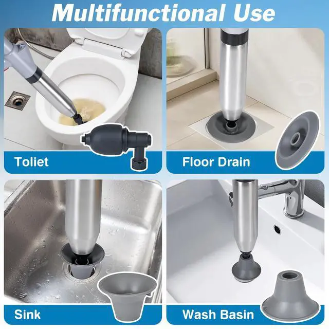Alt view image 6 of 7 - High Pressure Toilet Plunger, Toilet Snake Air Drain Blaster with Real -Time Barometer, Heavy Duty Drain Clog Remover for Bathroom, Floor, Shower, Kitchen Clogged (Gery-Manual)