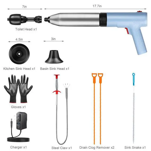 Alt view image 3 of 7 - Electric Toilet Plunger, Blue One-Touch High Pressure Air Drain Blaster with Real-Time Barometer & Multi-Accessory Kit, Heavy Duty Automatic Drain Unclogger for Toilets, Sinks, Tubs, Pipes