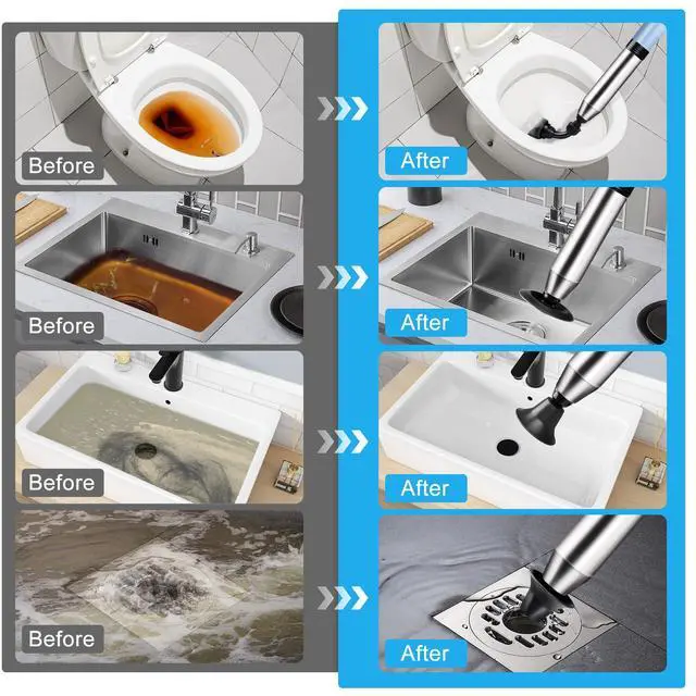 Alt view image 6 of 7 - Electric Toilet Plunger, Blue One-Touch High Pressure Air Drain Blaster with Real-Time Barometer & Multi-Accessory Kit, Heavy Duty Automatic Drain Unclogger for Toilets, Sinks, Tubs, Pipes