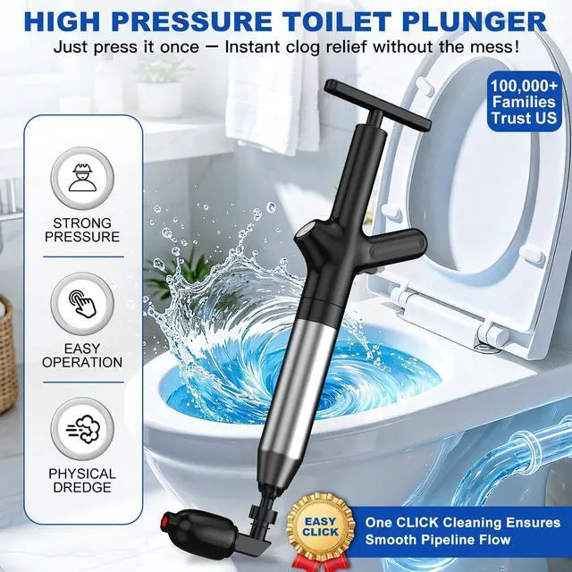 Alt view image 2 of 7 - High Pressure Toilet Plunger, Heavy Duty Plunger for Bathroom, Dark Black