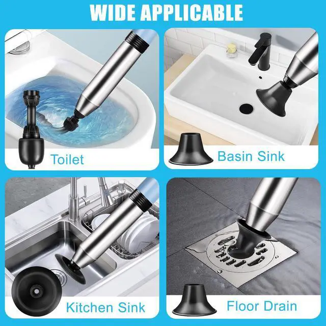 Alt view image 7 of 7 - Electric Toilet Plunger, Blue One-Touch High Pressure Air Drain Blaster with Real-Time Barometer & Multi-Accessory Kit, Heavy Duty Automatic Drain Unclogger for Toilets, Sinks, Tubs, Pipes