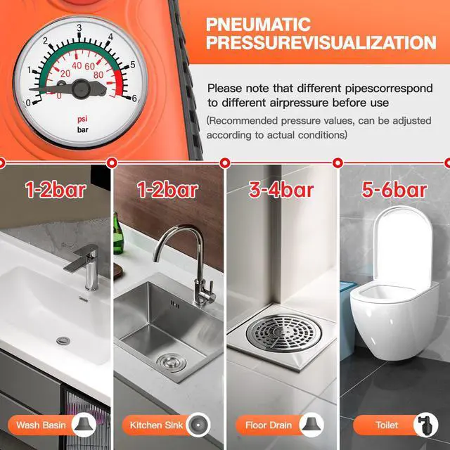 Alt view image 5 of 7 - Electric toilet plunger,Toilet Auger with Pressure Gauge, Electric Drain Snake for Clogged Toilet, High-Pressure Toilet Auger, plungers for bathroom,Pneumatic Toilet Auger Tool