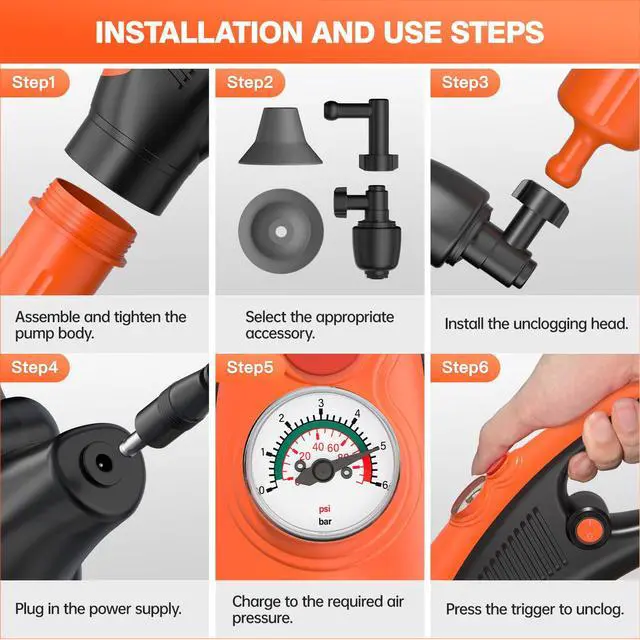 Alt view image 4 of 7 - Electric toilet plunger,Toilet Auger with Pressure Gauge, Electric Drain Snake for Clogged Toilet, High-Pressure Toilet Auger, plungers for bathroom,Pneumatic Toilet Auger Tool