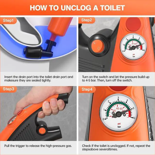 Alt view image 6 of 7 - Electric toilet plunger,Toilet Auger with Pressure Gauge, Electric Drain Snake for Clogged Toilet, High-Pressure Toilet Auger, plungers for bathroom,Pneumatic Toilet Auger Tool