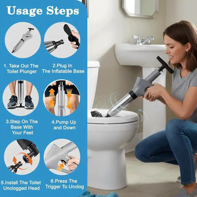 Alt view image 3 of 7 - Toilet Plunger, High Pressure Toilet Plunger with Gloves,2 Hair Snake,2 Hair Filters, Toilet Auger Air Drain Blaster with Real-Time, Heavy Duty Plunger for Bathroom and Kitchen Plumbing Clogs