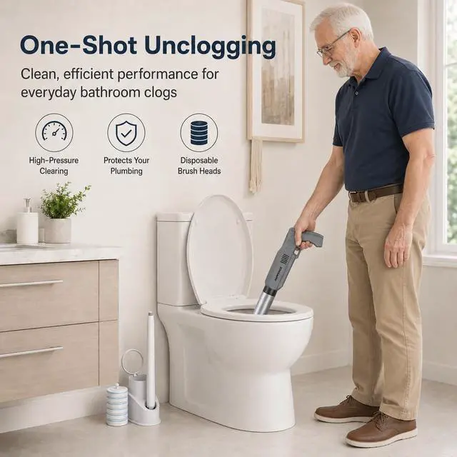 Alt view image 2 of 7 - Electric Toilet Plunger and Disposable Brush Bundle, Heavy Duty High Pressure Air Unclogger Tool, 360° Toilet Wand Cleaning System with Caddy & 6 Refills