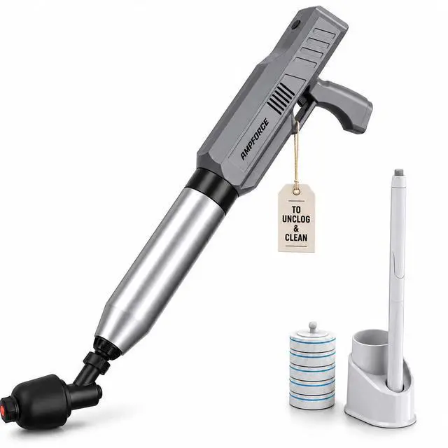 Main image of Electric Toilet Plunger and Disposable Brush Bundle, Heavy Duty High Pressure Air Unclogger Tool, 360° Toilet Wand Cleaning System with Caddy & 6 Refills