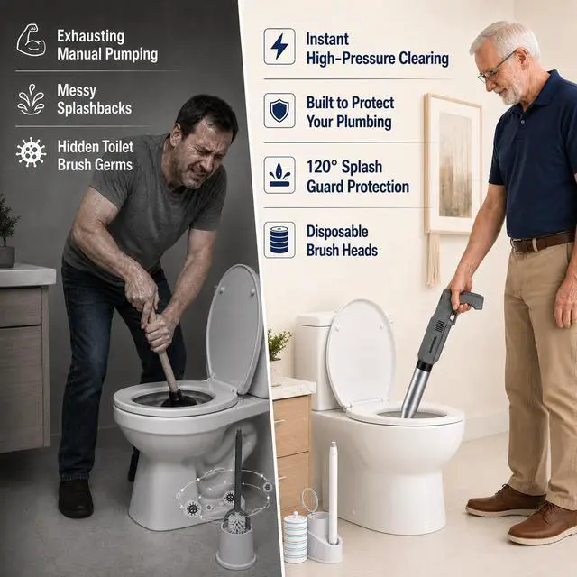 Alt view image 4 of 7 - Electric Toilet Plunger and Disposable Brush Bundle, Heavy Duty High Pressure Air Unclogger Tool, 360° Toilet Wand Cleaning System with Caddy & 6 Refills