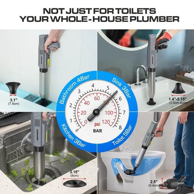 Alt view image 7 of 7 - Electric Toilet Plunger and Disposable Brush Bundle, Heavy Duty High Pressure Air Unclogger Tool, 360° Toilet Wand Cleaning System with Caddy & 6 Refills