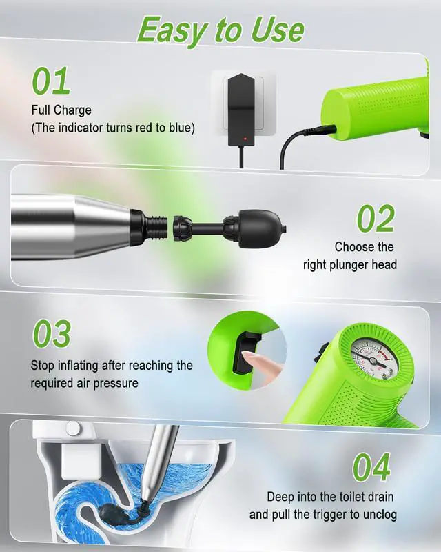 Alt view image 5 of 7 - Electric Toilet Plunger, 4 in 1 High Pressure Toilet Unclogger with Multi-Purpose Heads & Automatic Inflation, Heavy Duty Drain Clog Remover for Bathroom, Washbasin and Floor Drain