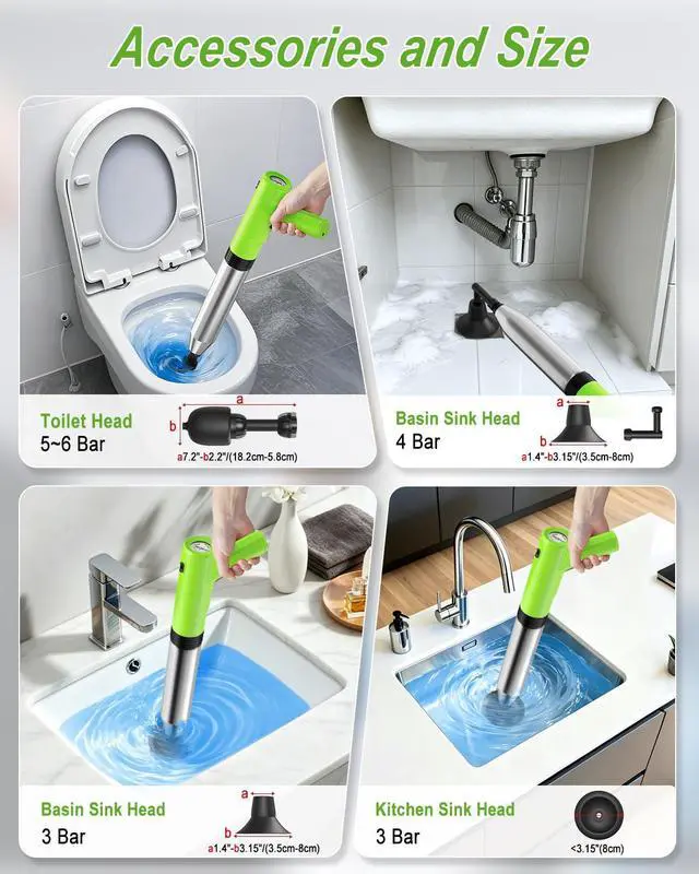 Alt view image 6 of 7 - Electric Toilet Plunger, 4 in 1 High Pressure Toilet Unclogger with Multi-Purpose Heads & Automatic Inflation, Heavy Duty Drain Clog Remover for Bathroom, Washbasin and Floor Drain