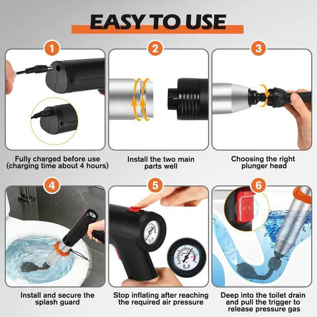 Alt view image 6 of 7 - Electric Toilet Plunger, Drain Unclogger Plungers High Pressure Air Drain Blaster with Drain Auger, Splash-free Plungers for Bathroom, Plumbing Snake for Toilet, Clog Remover Heavy Duty(Black)