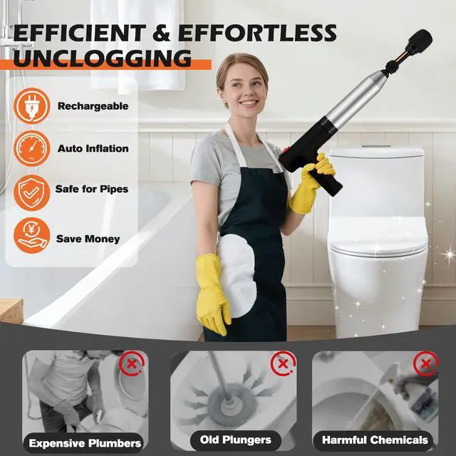 Alt view image 5 of 7 - Electric Toilet Plunger, Drain Unclogger Plungers High Pressure Air Drain Blaster with Drain Auger, Splash-free Plungers for Bathroom, Plumbing Snake for Toilet, Clog Remover Heavy Duty(Black)