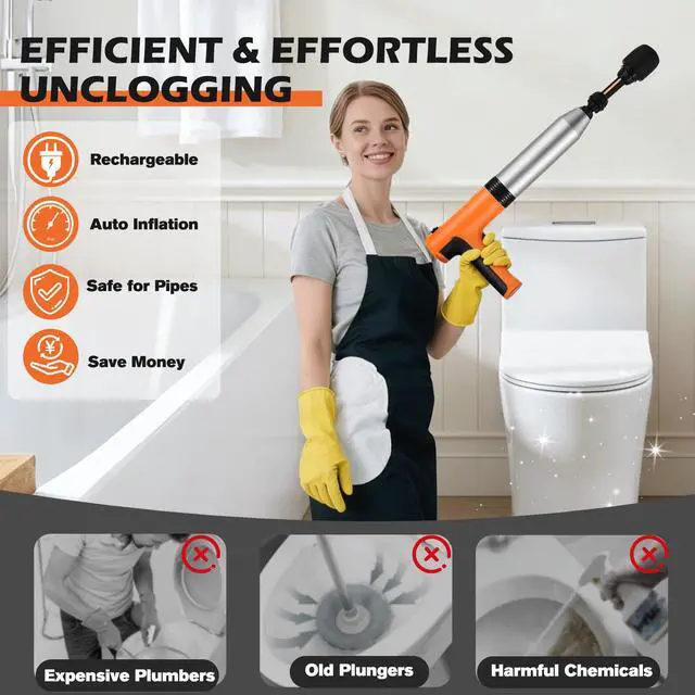 Alt view image 5 of 7 - Electric Toilet Plunger, High Pressure Toilet Snake Drain Clog Remover, Splash-free Unclogger with Drain Snake Auger, Plungers for Bathroom Heavy Duty, Versatile Air Blaster Unclogger Kit (Orange)