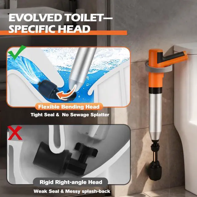 Alt view image 4 of 7 - Electric Toilet Plunger, High Pressure Toilet Snake Drain Clog Remover, Splash-free Unclogger with Drain Snake Auger, Plungers for Bathroom Heavy Duty, Versatile Air Blaster Unclogger Kit (Orange)