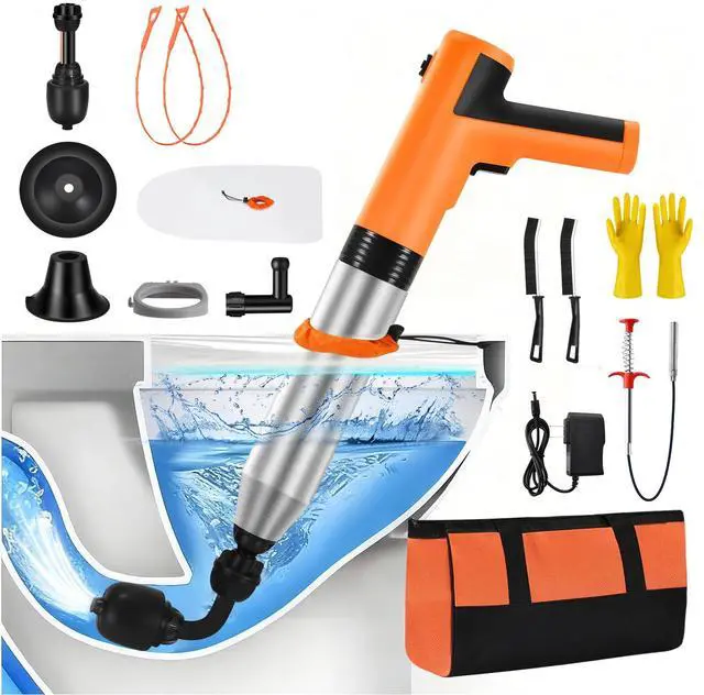 Main image of Electric Toilet Plunger, High Pressure Toilet Snake Drain Clog Remover, Splash-free Unclogger with Drain Snake Auger, Plungers for Bathroom Heavy Duty, Versatile Air Blaster Unclogger Kit (Orange)