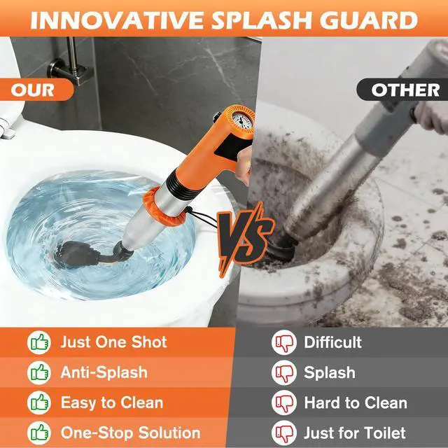 Alt view image 2 of 7 - Electric Toilet Plunger, High Pressure Toilet Snake Drain Clog Remover, Splash-free Unclogger with Drain Snake Auger, Plungers for Bathroom Heavy Duty, Versatile Air Blaster Unclogger Kit (Orange)